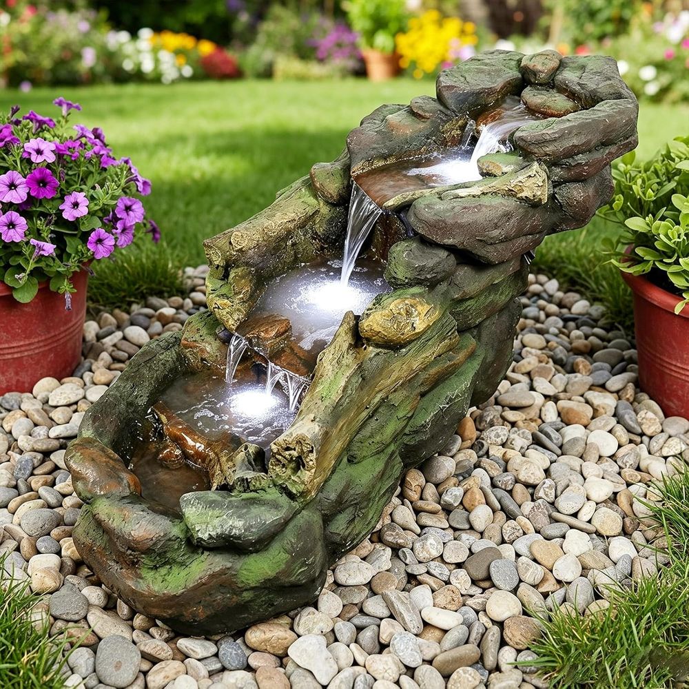Outdoor Lighting For Backyard - Multi-Tier Outdoor Water Fountain with LED
