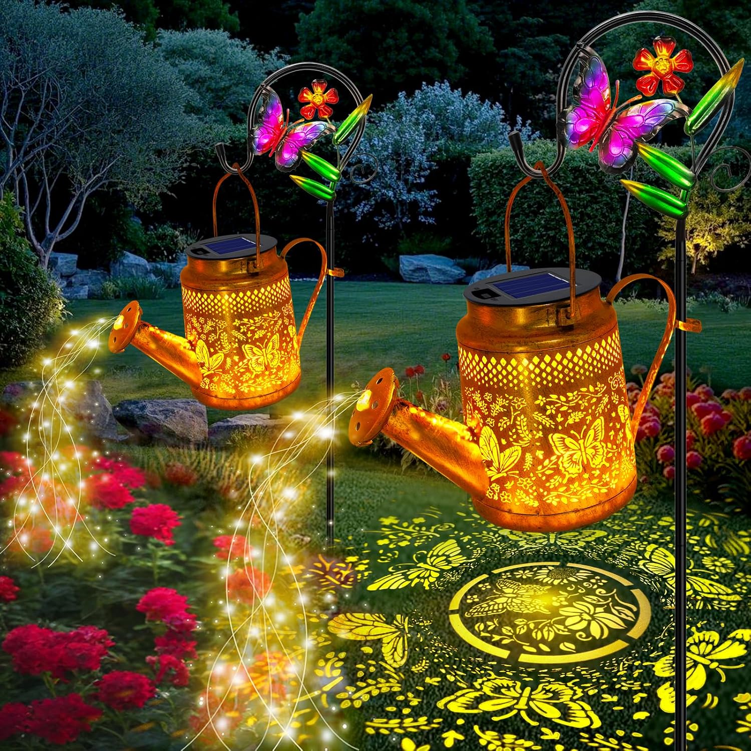 Outdoor Lighting For Backyard - 2 Pack Big Solar Butterfly Watering